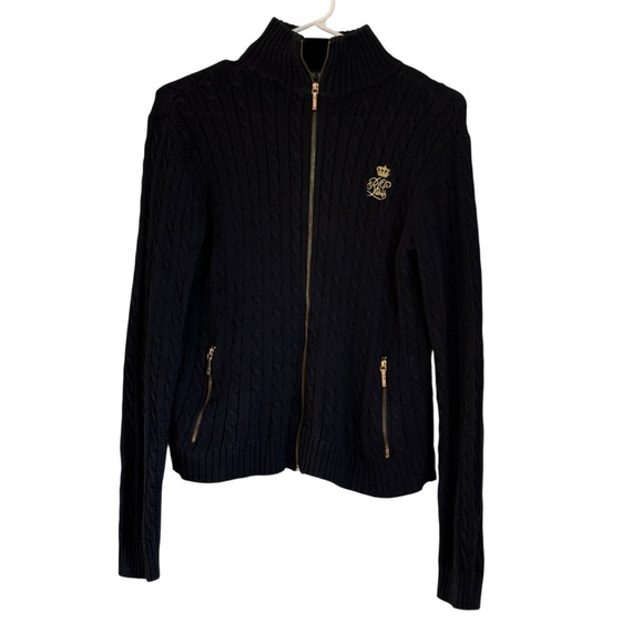 Lauren Ralph Lauren Navy Womens Zip Cardigan Cable Knit Gold Crest Size Medium - Picture 4 of 7